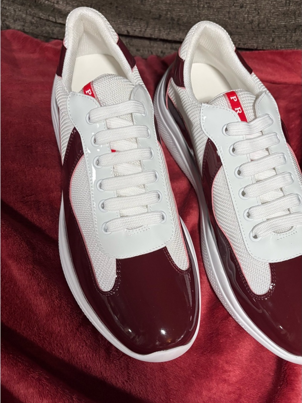 Prada White and Burgundy Men's Sneakers
